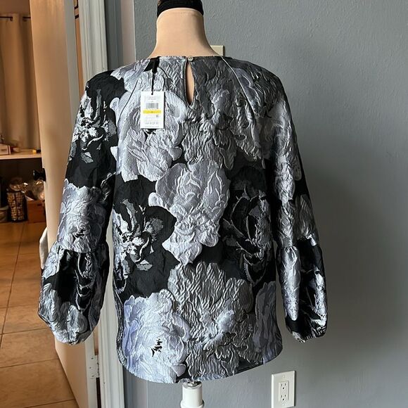 Calvin Klein Floral Jacquard Puff-Sleeve Blouse - Picture 3 of 6